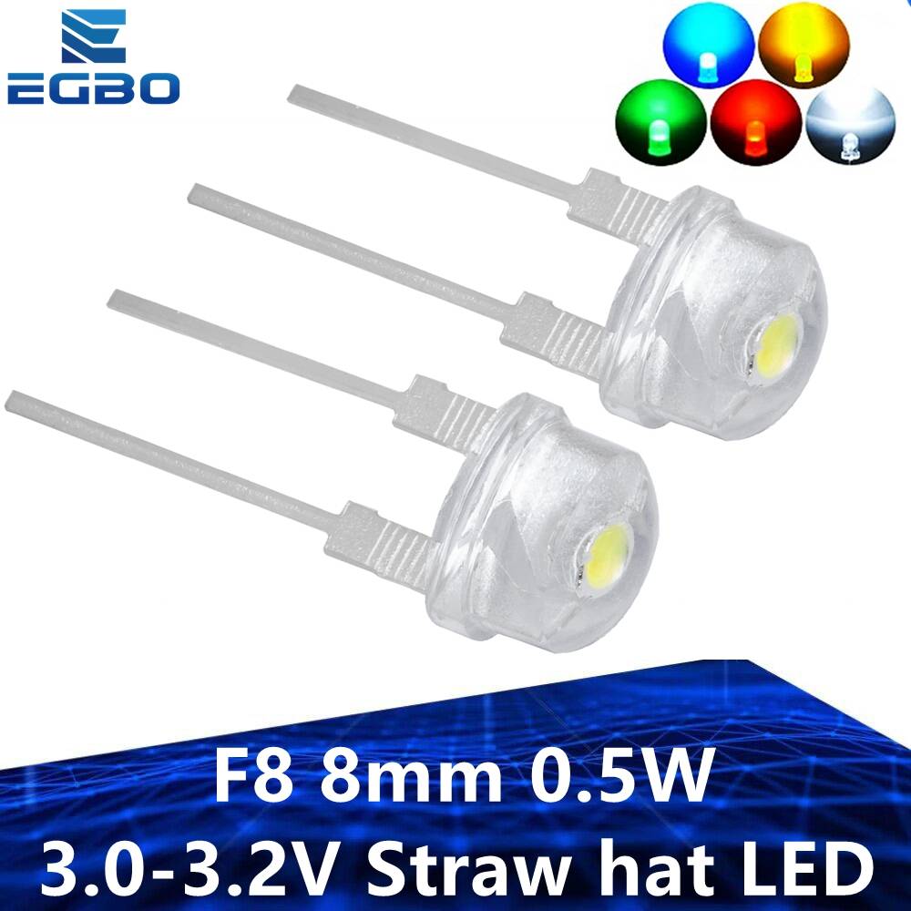 100PCS Super Bright F8 8mm 0.5W 3.0 - 3.2V Straw Hat LED - Wide Angle Transparent White LED Lamp for Maximum Illumination