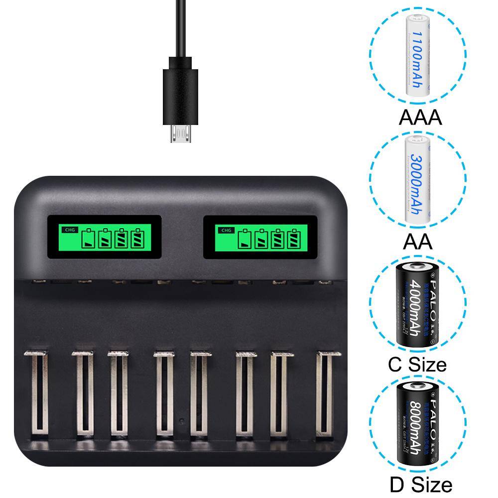 PALO 8 platser LCD-skärm USB Smart batteriladdare för AA AAA SC CD-storlek Uppladdningsbart batteri 1,2V Ni-MH Ni-CD snabbladdare svart