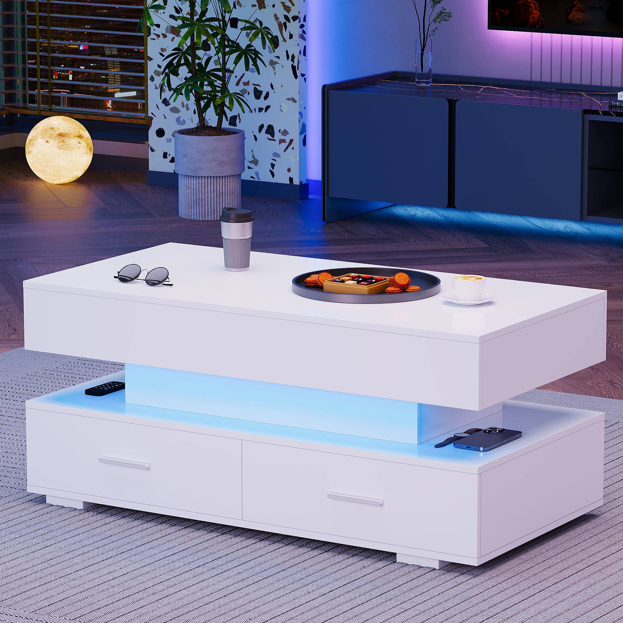 Hydraulic Lift Top Coffee Table with LED Lighting, 2 Drawers and Storage, Oblong Coffee Table for Living Room, 100L x 50W x 44H cm, White Aosom.UK