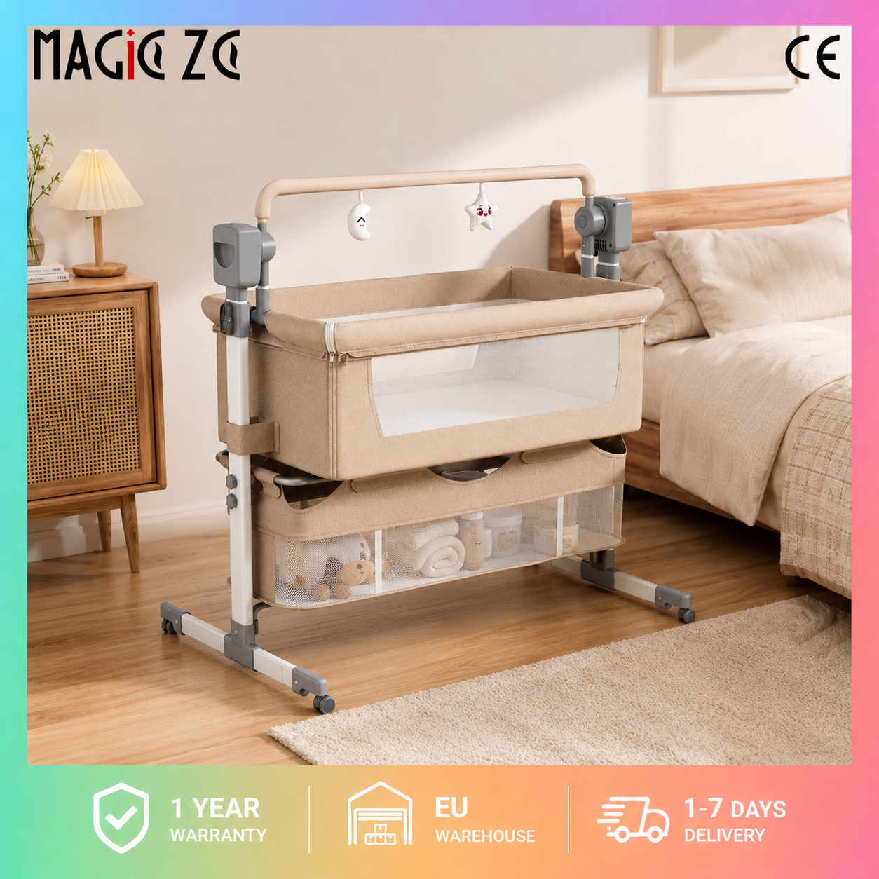 MAGIC ZC Electric 3-in-1 Baby Bedside Crib, Portable Infant Bassinet with 5-Speed Intelligent Rocking, Co-Sleeper Next to Me Bed, Adjustable Height Newborn Nursery Cot with Wheels, Breathable Fabric,