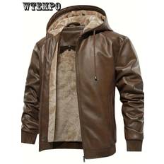 Men's Solid Color PU Leather Hooded Jackets - Windproof Waterproof Trendy Thick Jacket - For Spring Autumn - For Men - Suitable for Outdoor Activities XXXXL mörkbrun färg