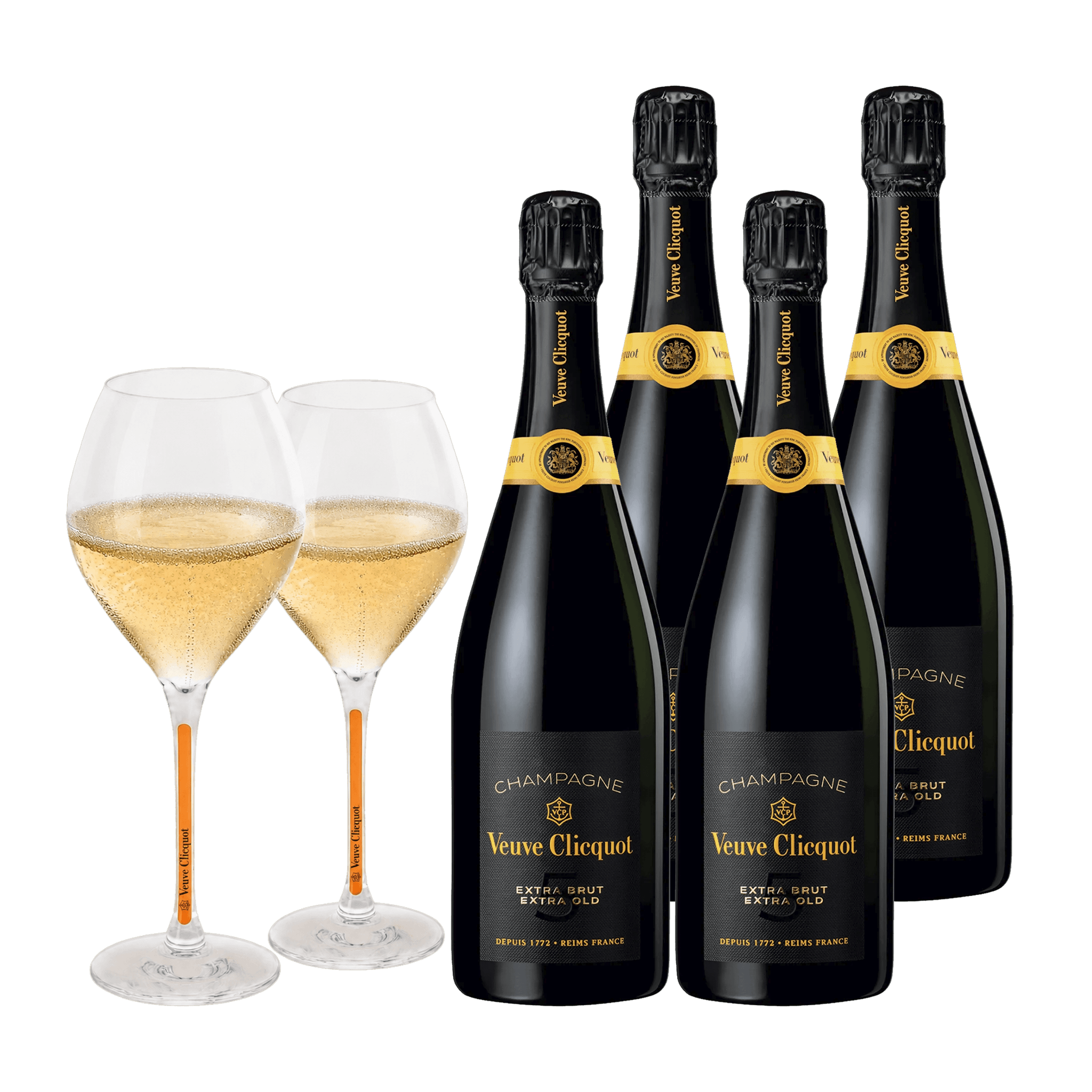 Champagne Veuve Clicquot Extra Brut Extra Old 5, 75 cl. (4 stk. + 2 Veuve Clicquot glas)
