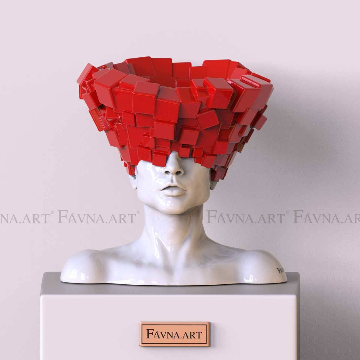 Male Bust Sculpture “Thoughts” – Black - H: 41 cm | 16.5 ′′ / Red (H: 41 cm | 16.5 ′′)