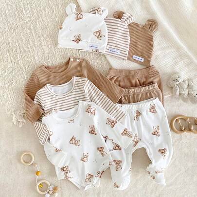 Söt björn-bodysuit i bomull för nyfödd, brun vit svart, höst/vinter, matchande familjekläder, lång ärm, med fötter, hemmakläder för babyflicka - Kaki (6-9M,0-1M,1-3M,3-6M)
