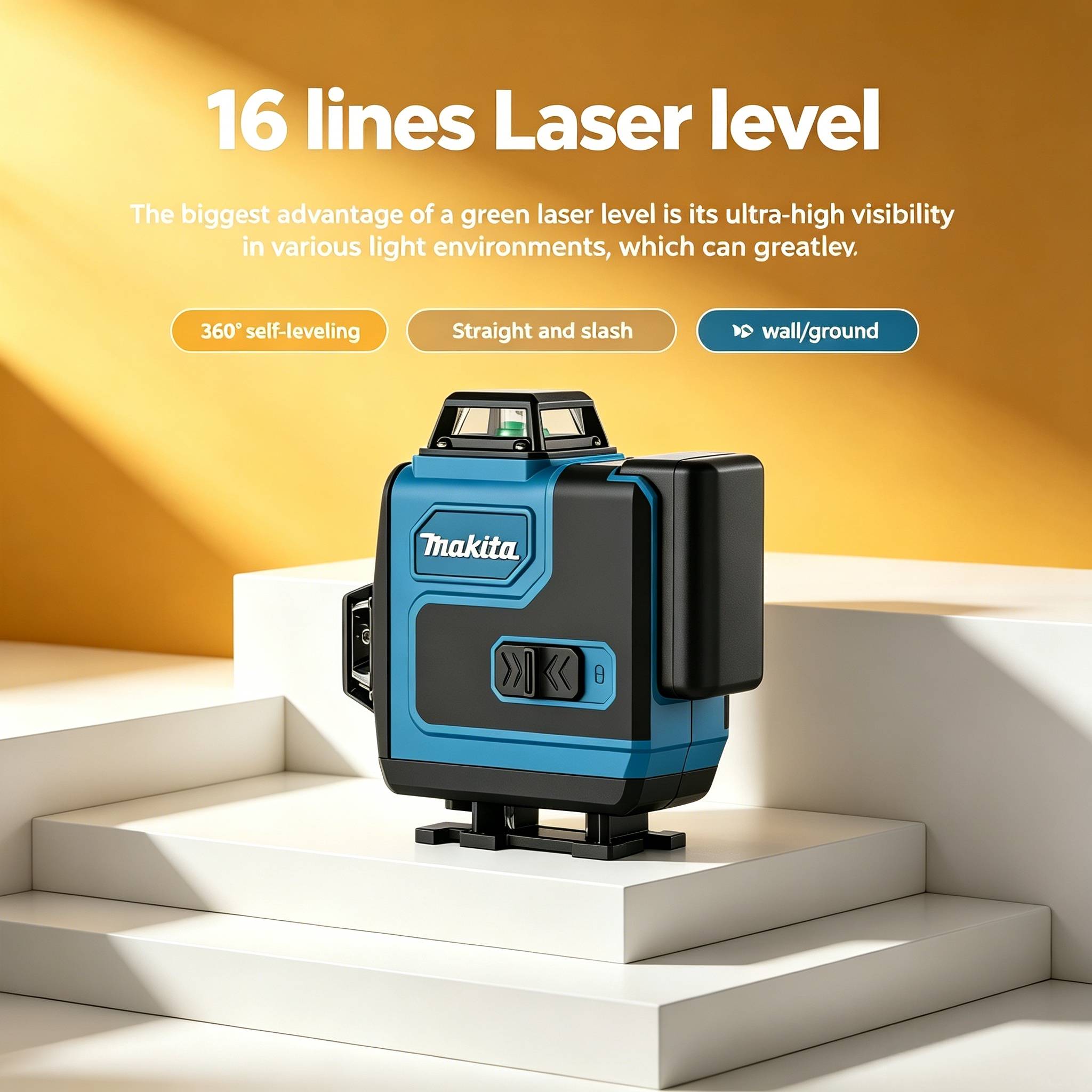Makita Style 3D 16-Line Green Laser Level - 360° Horizontal & Vertical Cross Line Laser for Wall Mounting