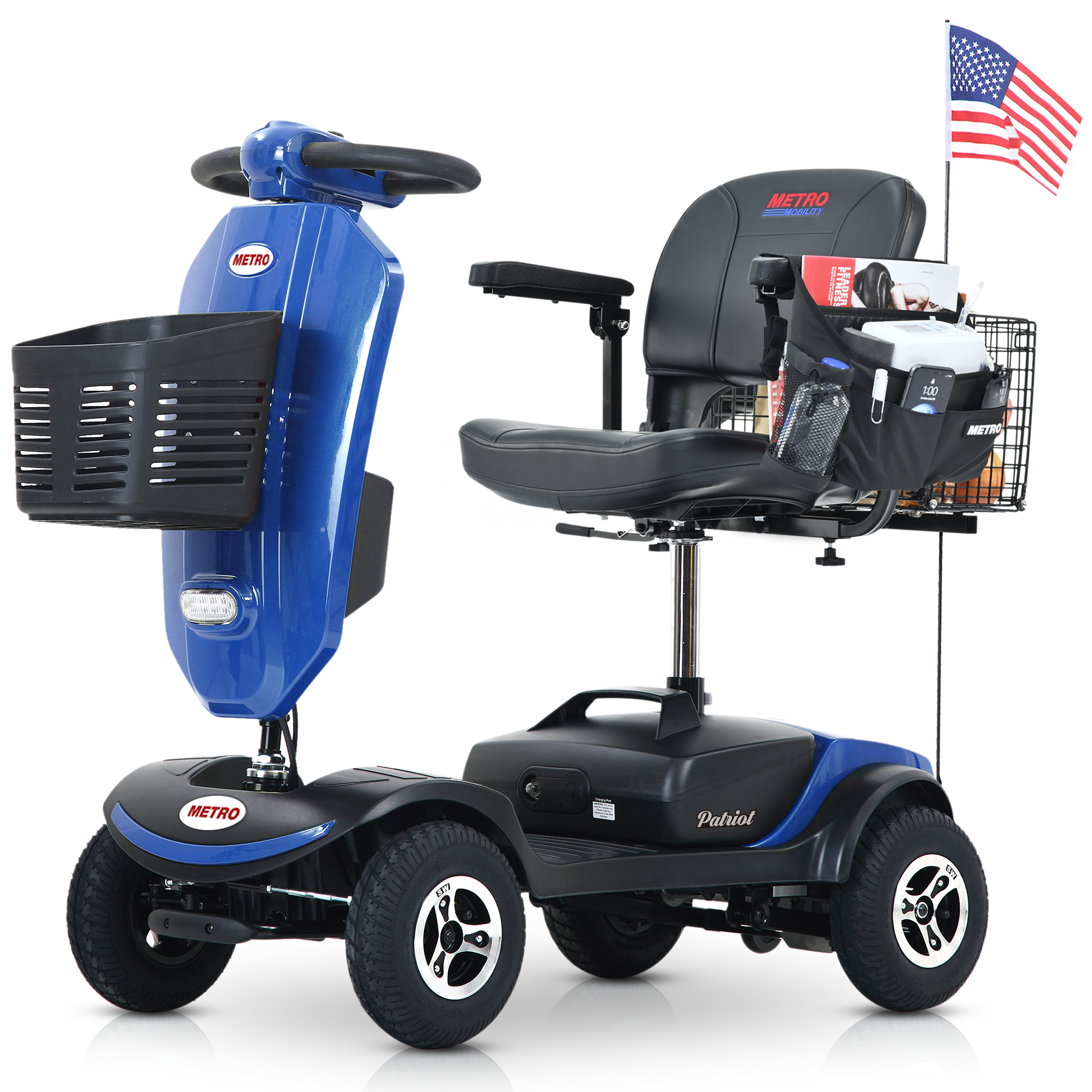 Outdoor compact mobility scooter with windshield ,300W Motor, Travel - Long Range Power Extended Battery with Cup holders , Storage Bag, Rear Basket & USB charger port, BLUE
