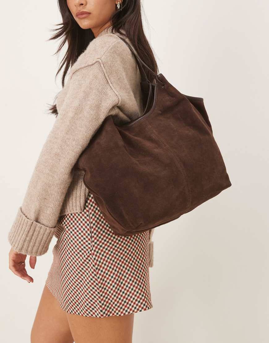 ASOS DESIGN - Kaffebrun tote-taske med samlede hanke i ruskind-Brown - No Size