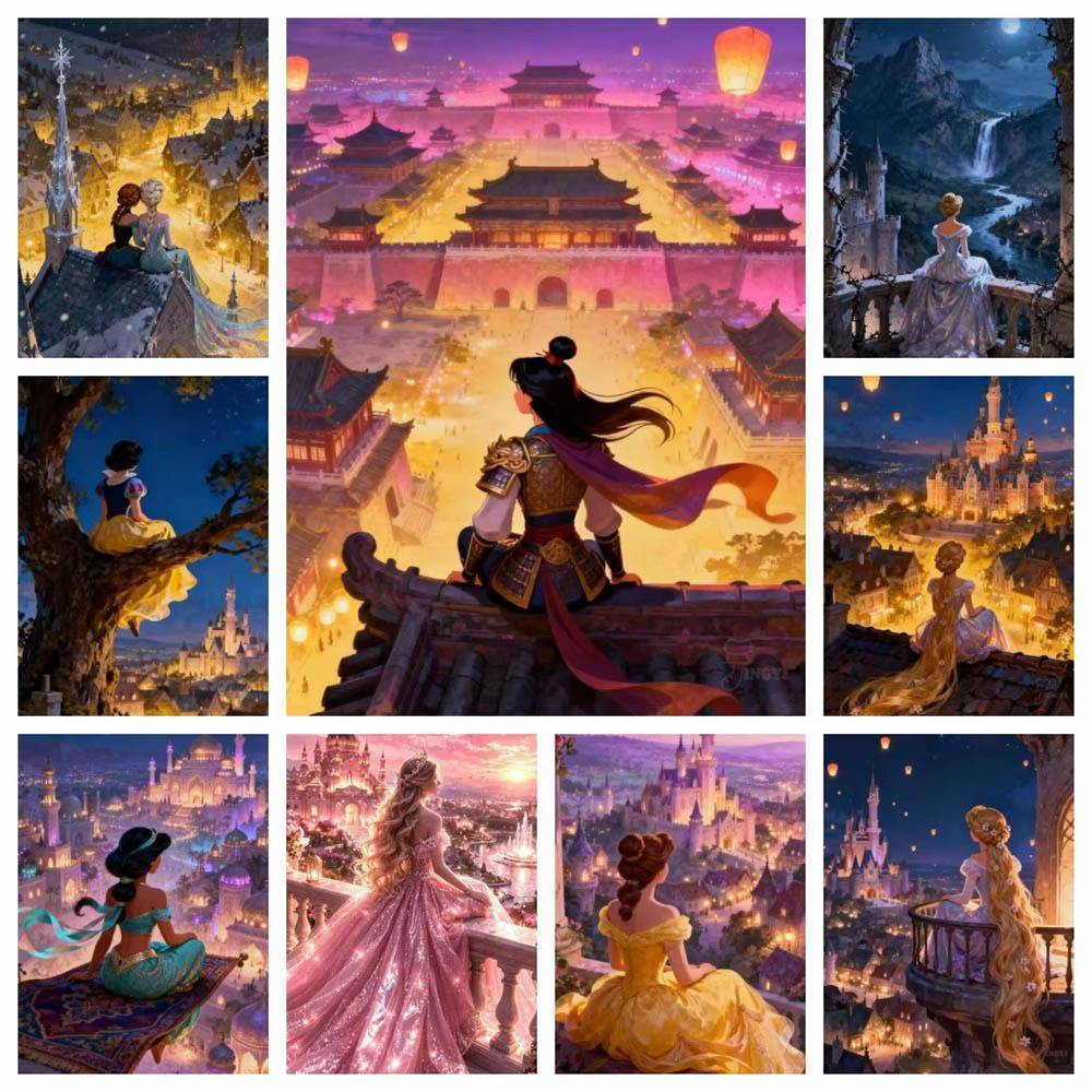 Disney Princess Antik Nattscen Samling 5D Diamantmålning Full av Diamanter DIY Handgjord Diamantmålning Fantasy Dekorativ Målning Kit