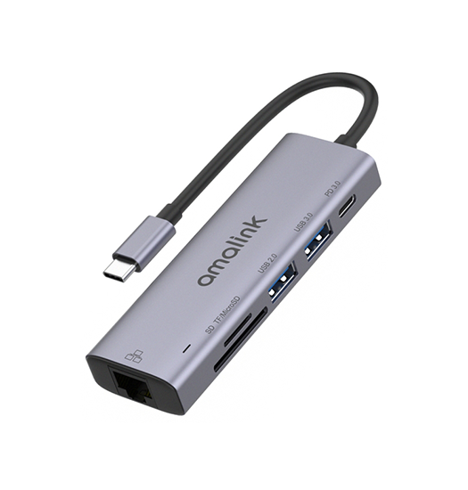 Multihub USB-C til 2xUSB-A / 1xUSB-C / SD/TF / Ethernet - Grå - AMALINK™