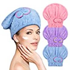ACWOO Handdukar för att torka hår, 3 st torr hårmössa, snabbtorkande mikrofiberhandduk, korallfleece handduk, vattenabsorberande mikrofibermössa för hår (rosa+blå+lila)