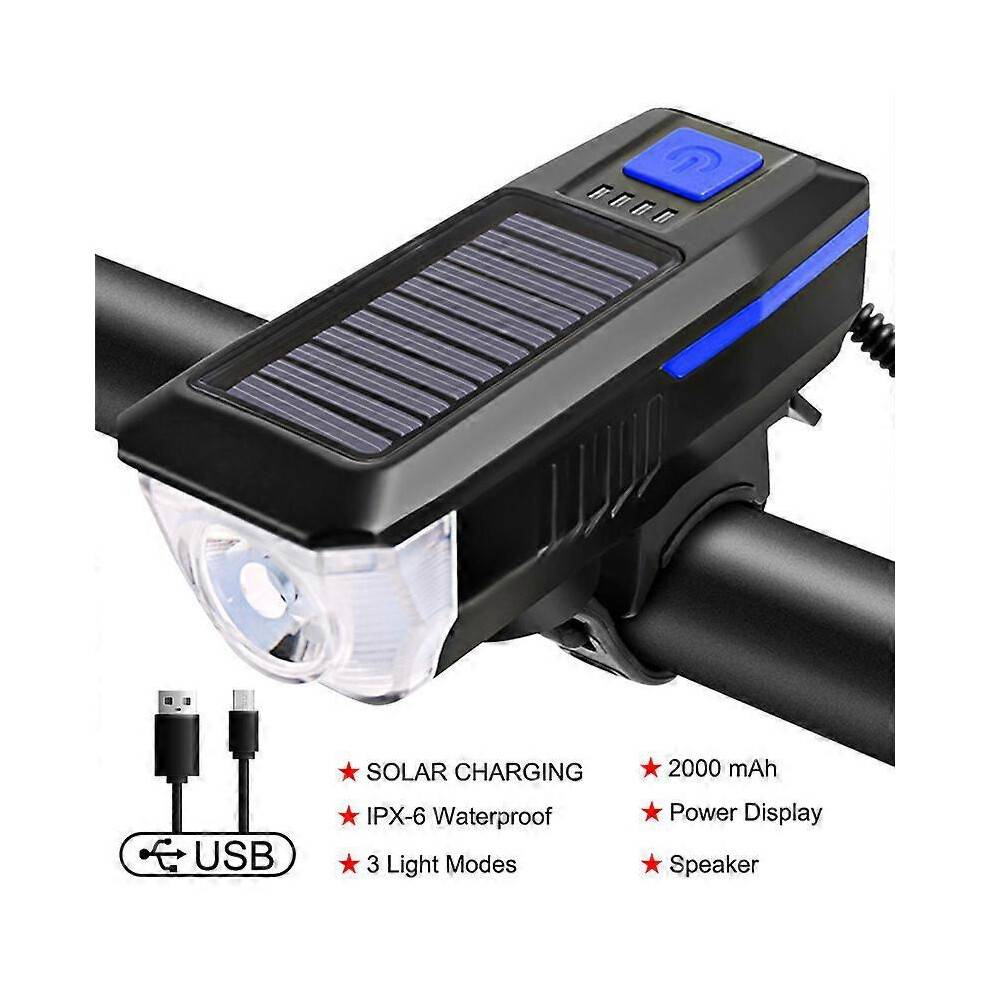 (color03) Solar Bicycle Light USB Rechargeable Power Display MTB Road Bike Front Lamp With Horn Flashlight Cycling Light Bike Accessories