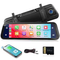 Spiegel Dashcam mit Wireless Apple Carplay Android Auto Bluetooth, 9.66 Zoll HD IPS Touchscreen Dashcam mit Frontkamera Rückfahrkamera Sprachsteuerung/FM Sender/Loop-Aufnahme/Einparkhilfe/Parkmonitor