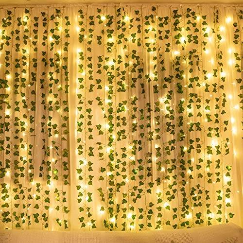 KASZOO® 12 konstgjorda girlanger av murgröna, konstgjord hängande murgröna med 200 LED-ljus, för bröllop, fest, trädgård, lägenhet, balkong