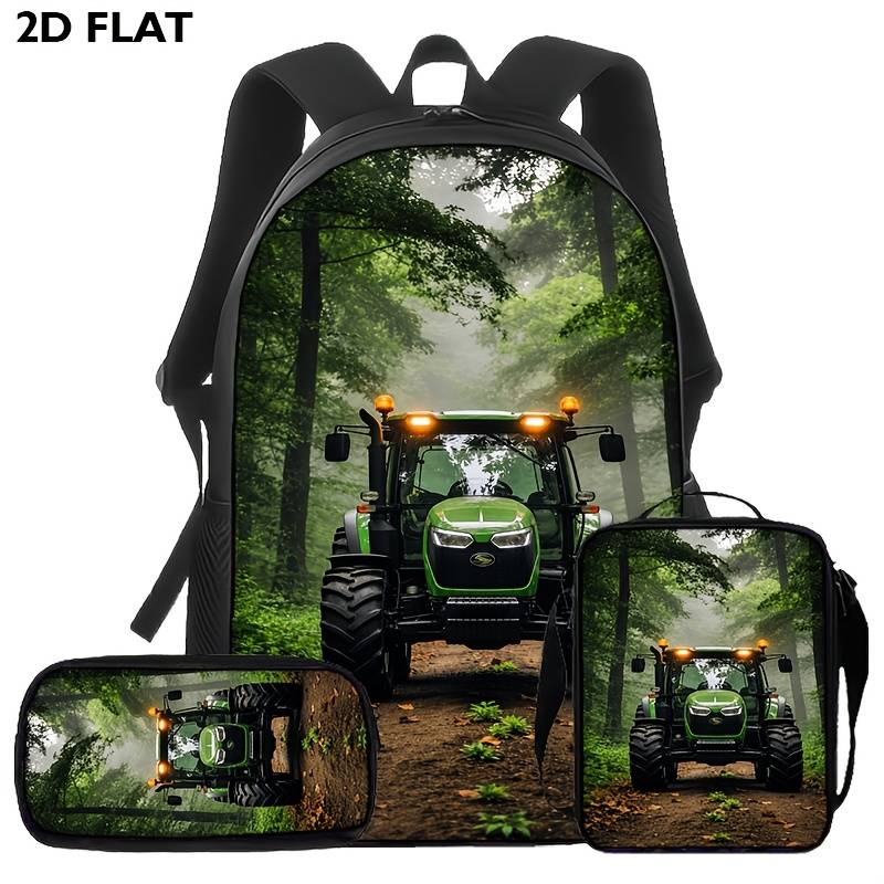 3pcs Tractor Pattern Backpack Set (backpack, Crossbody Bag, Pencil Case) 2d Flat Printing, Suitable For Daily And Outdoor Activities