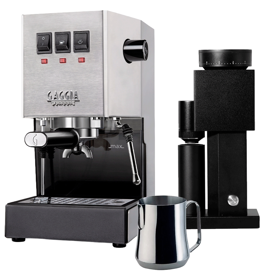Gaggia Classic E24 Stål Espressomaskine Inkl. Timemore Bricks Kværn 01S & Motta Aurora Kande 0,35L