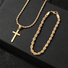 2-delars minimalistiskt smyckeset i korsstil för män, 1 st korshalsband + 1 st armband, moderiktigt smyckeset för män, lämpligt för användning året ru - Multifärgad (Guld 2st/set)