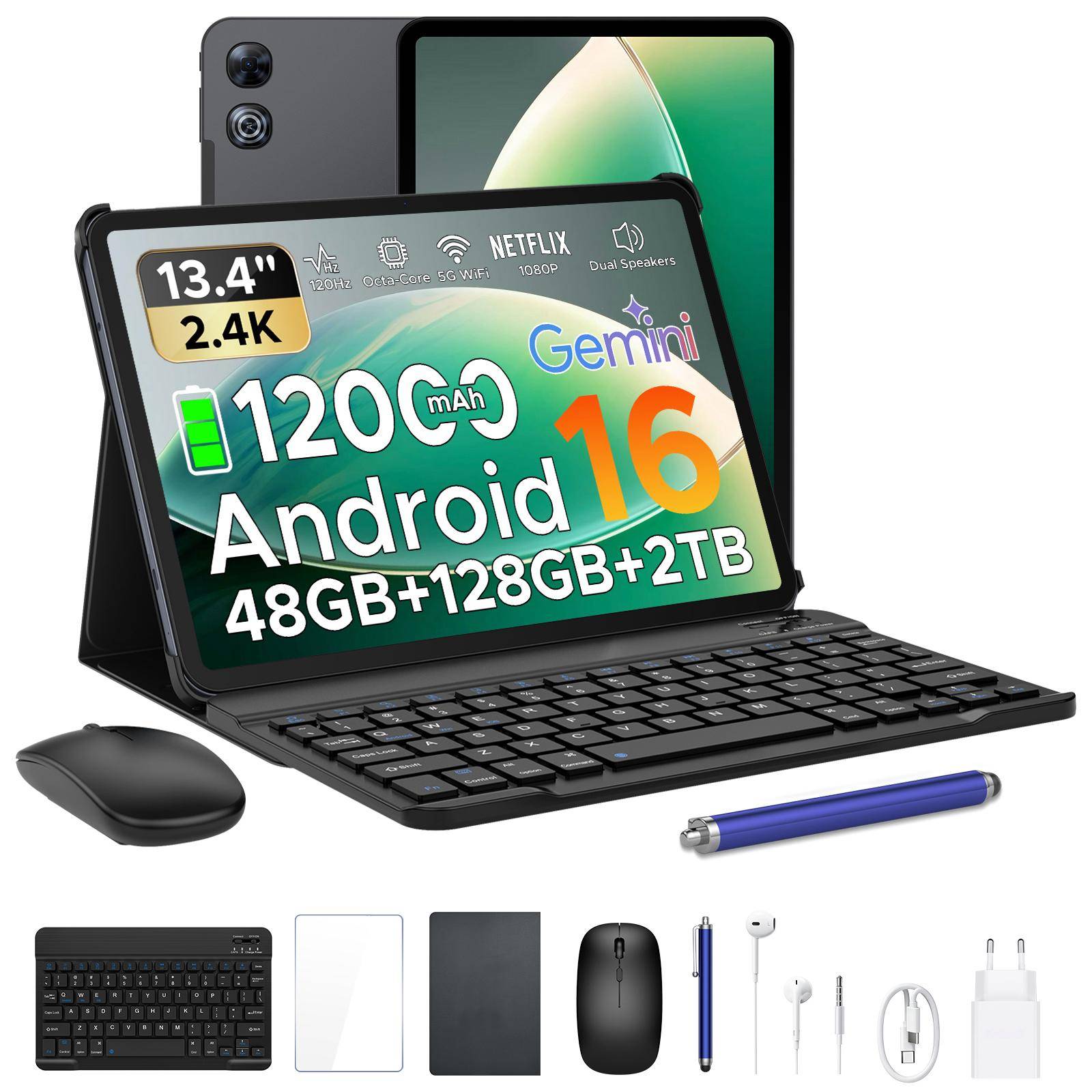 P13 Surfplattor, 13,4 tum 2,4K 120Hz Android 16, 48GB+128GB, 12000mAh, Widevine L1, Dubbla högtalare, Surfplatta med tangentbord och pennfodral grå fä