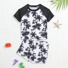 Unisex Baby Boy Sommarbaddräkt/ Kortärmad Solskyddsbaddräkt/ 2 st Set Tropical Plant Coconut Tree Printed/ Lämplig för strandsemester - Svart och Vitt (9-12M,12-18M,18-24M,2-3Y)