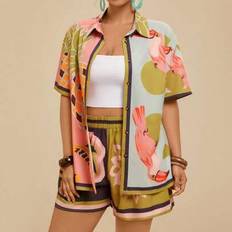 Plus Size Women's Holiday Casual Tropical Bohemian Fruit & Plant Printed Asymmetrical Short Sleeve Shirt Top + Beach Shorts 2pcs Set,Holiday Outfits B - Multicolor - 0XL,1XL,2XL,3XL,4XL