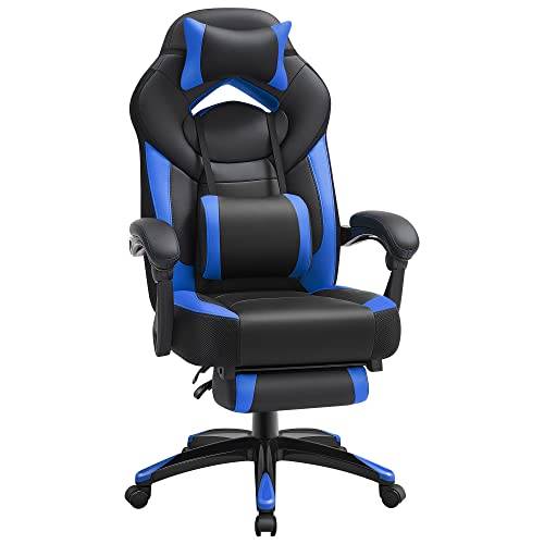 Songmics Gaming Stol, Office Racing Stol med fodstøtte, ergonomisk design, justerbar nakkestøtte, lændehvirveltilpasning, 150 kg vægtkapacitet, sort o.