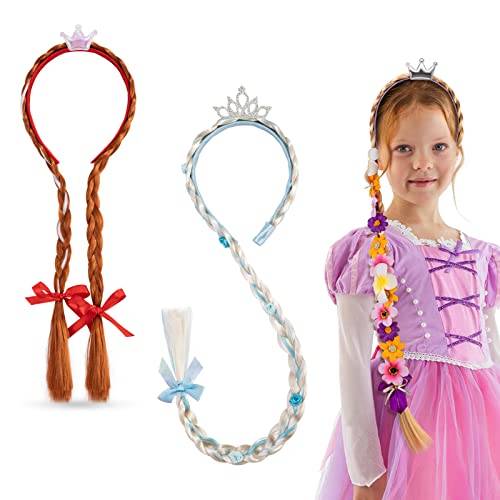HIFOT 3 St Prinsessperuk Blond - Anna och Elsa Peruk för Barn, Långhårig Med Flätor för Flickor, Anna Rapunzel Med Blommor Krona för Födelsedagsfest Cosplay Kostym, Brun Blond