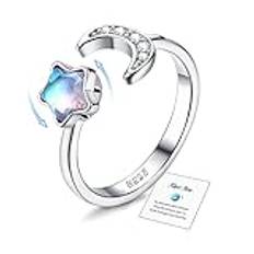 ADRAMATA 925 sterlingsilver ångestring för kvinnor 18K vitpläterad månsten kubisk zirkonia öppen ring för anti-stress justerbar stjärna måne spinner ring fidget ring för ångest kvinnor, Vitt guld Silver, Kubisk zirkonia Månsten
