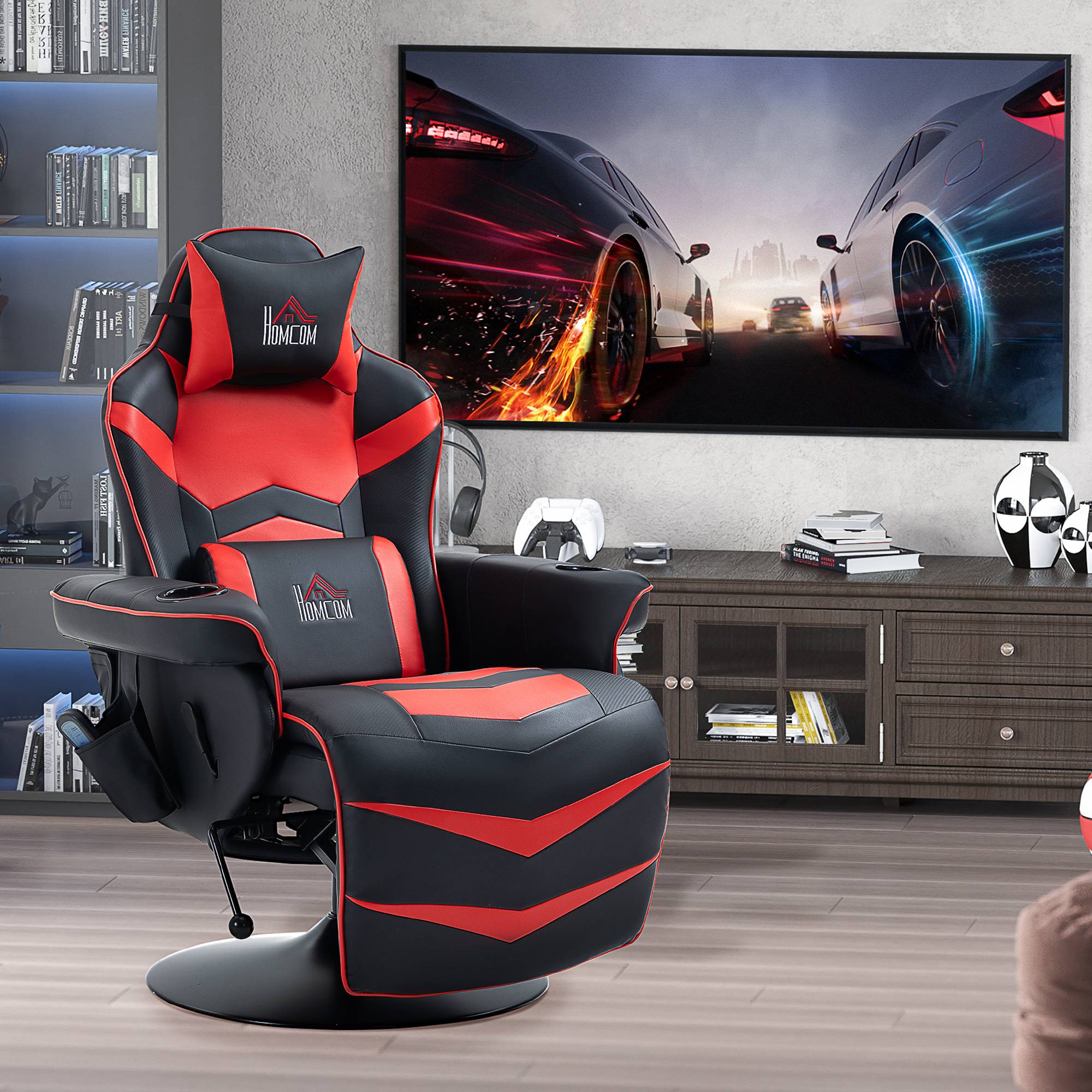 Gamingstol med massagefunktion, lænelæn, fodstøtte, op til 120 kg, stålramme, kunstlæder, rød.