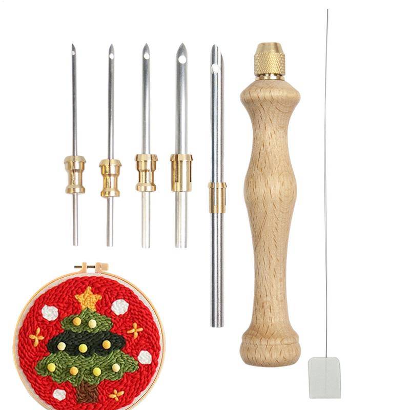 Punch Needle-kit Trähandstag Punchpenna Broderiverktyg 5/3,5/2,5/2/1,6 mm Nålar Hålnål Verktygskit för Broderigarn white