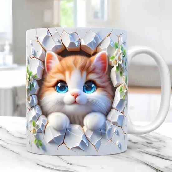 Keramikmugg med katt 11 oz Keramisk drickmugg Klassisk 3D Bokhylla Vattenmugg Julklapp till kattälskare CDN