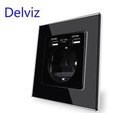 Delviz Wall USB Power Socket, AC 110V-250V 16A for wall, 86mm x 86mm, Double usb EU Standard