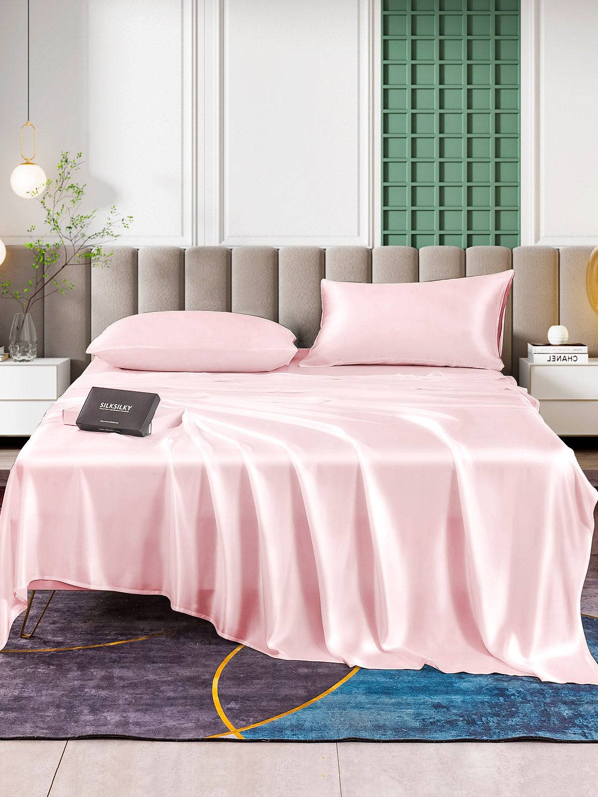 25Momme 4st Siden Sängkläder Set (Dra-På-Lakan & Platta Lakan + 2x Örngott) - Rosa / 1.4m Säng