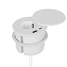 Inbyggt uttag med USB, dolt bordsuttag med lock Utrustad med 1 Schuko, 1 USB-C-port, 1 USB-A-anslutning och 1,5 m strömkabel, bordsuttag för 80 mm bordshål (vit)