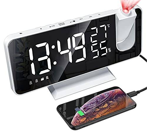 yiteng Digital Clock, Multi-Function Alarm Clock, LED Clock, Snooze, Clock Radio, Wall/Ceiling Projection, Mirror, Temperature/Humidity, FM Radio, Mir