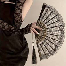 1st Retro Svart K Lolita Style Folding Fläkt, Hanfu/Cheongsam Design - Multifärgad (Festligt och levande rött,Ljus och mångsidig vit,Elegant och tidlös svart,Svartvit,1 Premium Black)