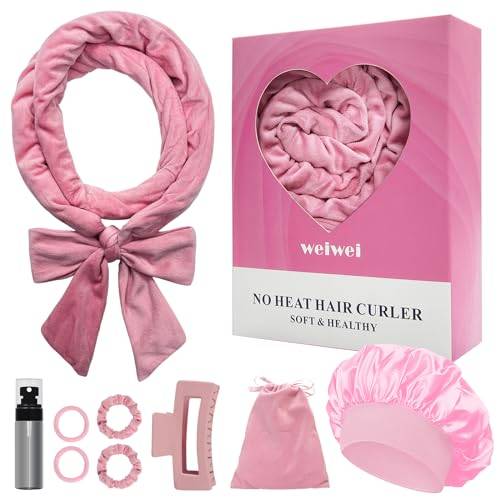weiwei Lockenwickler Über Nacht, Samt Heatless Overnight Curls Band Locken ohne Hitze, 70" Haarwickler DIY Hair Curler Rollers Lockenband, 9 Stück Locken Set mit Schlafmütze für Langes Haar (Rosa)