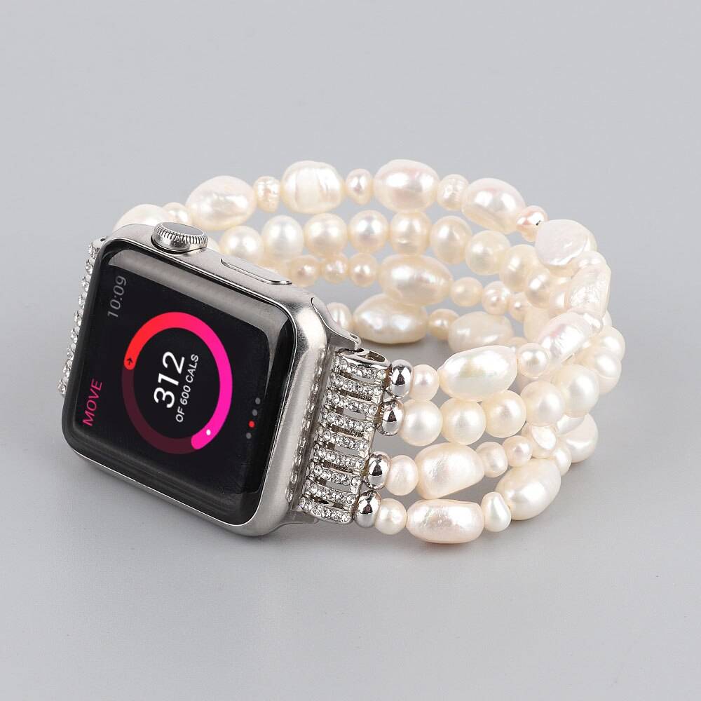 True pearl watch armband för apple watch band naturliga pärlor iwatch 7 se armband dam elastisk ersättning 41mm 45mm 44mm - Pärlvit / 41mm