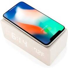Träklocka med qi trådlös laddningsplatta kompatibel med för iphone samsung trä ledd digital klocka ljudkontrollfunktion - Vit