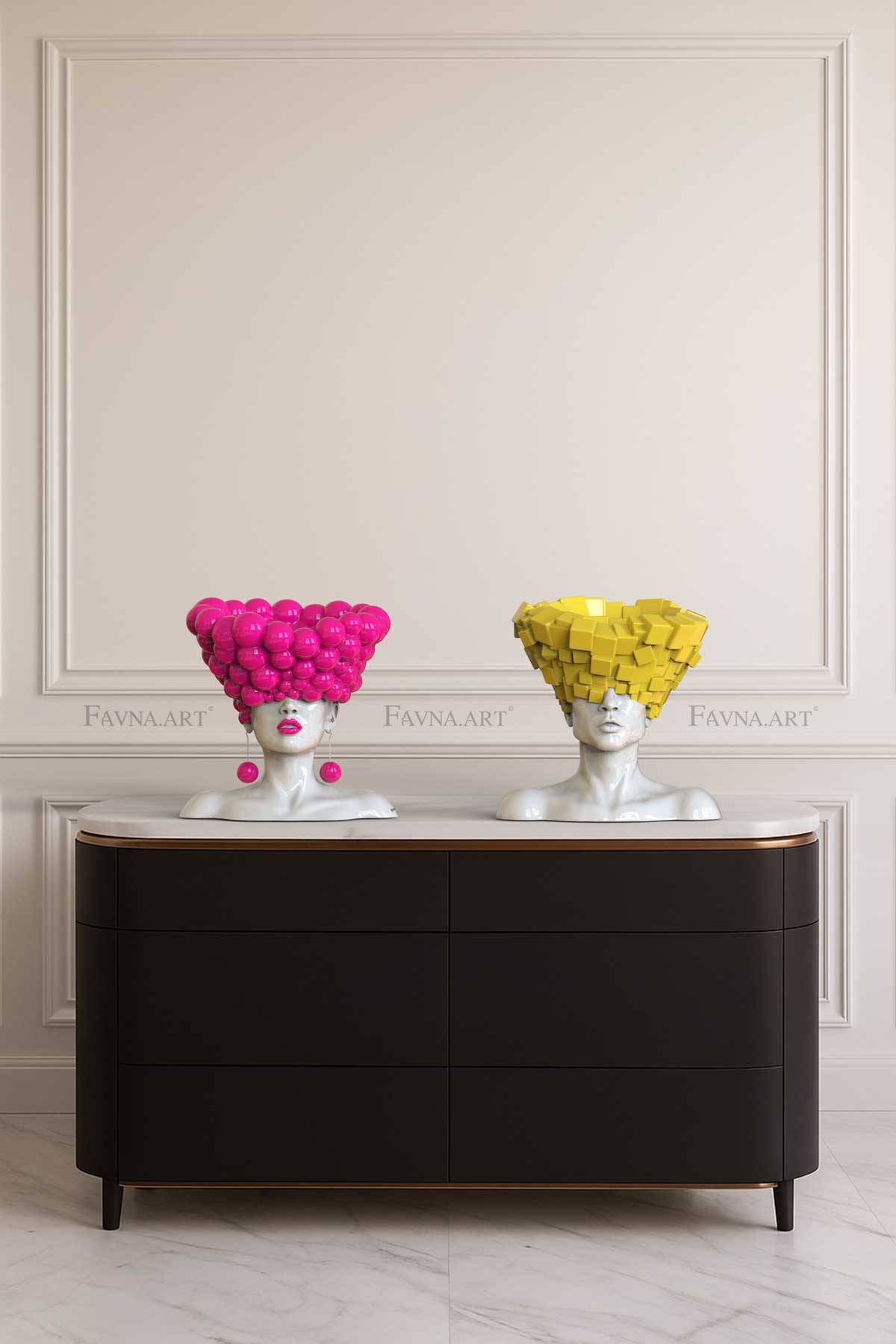Art Composition — man and woman conceptual sculpture set “Thoughts” | Abstract art | barbie pink - Woman — pink + man — yellow