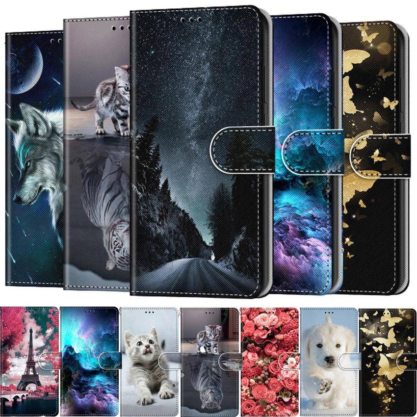 Flip Läder Mobilskal För Iphone 13 Pro Max Mini 12 11 Fodral Plånbok Korthållare Stativ Bokomslag Katt Hund Målat Skal Capa