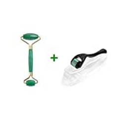 Natural Jade Roller & Guasha Derma Roller Kit Skönhetsmassager för ansikte Dubbelhuvud Massage Roller Facial Lifting Massager-Green Roller Set