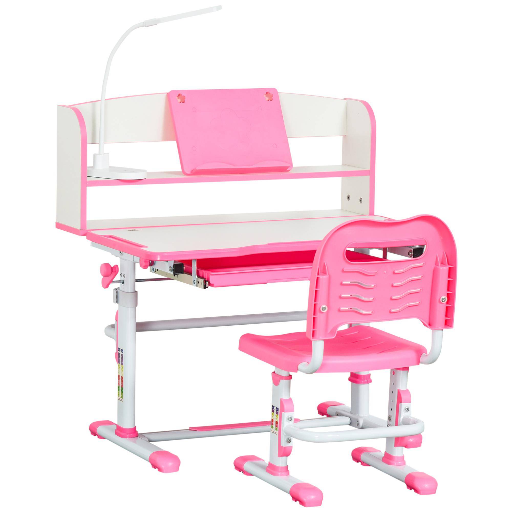 Skrivbord för barn 6-12 år, justerbart med LED-ljus, läspult och pennställ, i MDF, PP och stål, rosa rosa