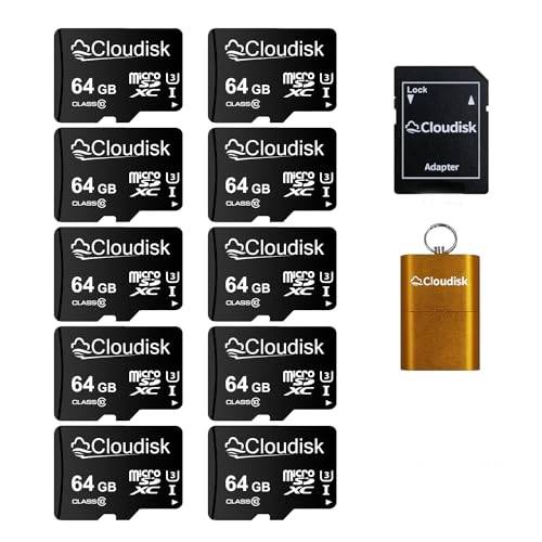 Cloudisk förpackning med 10 Micro SD-kort 64 GB flashminneskort C10 A2 U3 Micro SDXC med SD-adapter, kortläsare