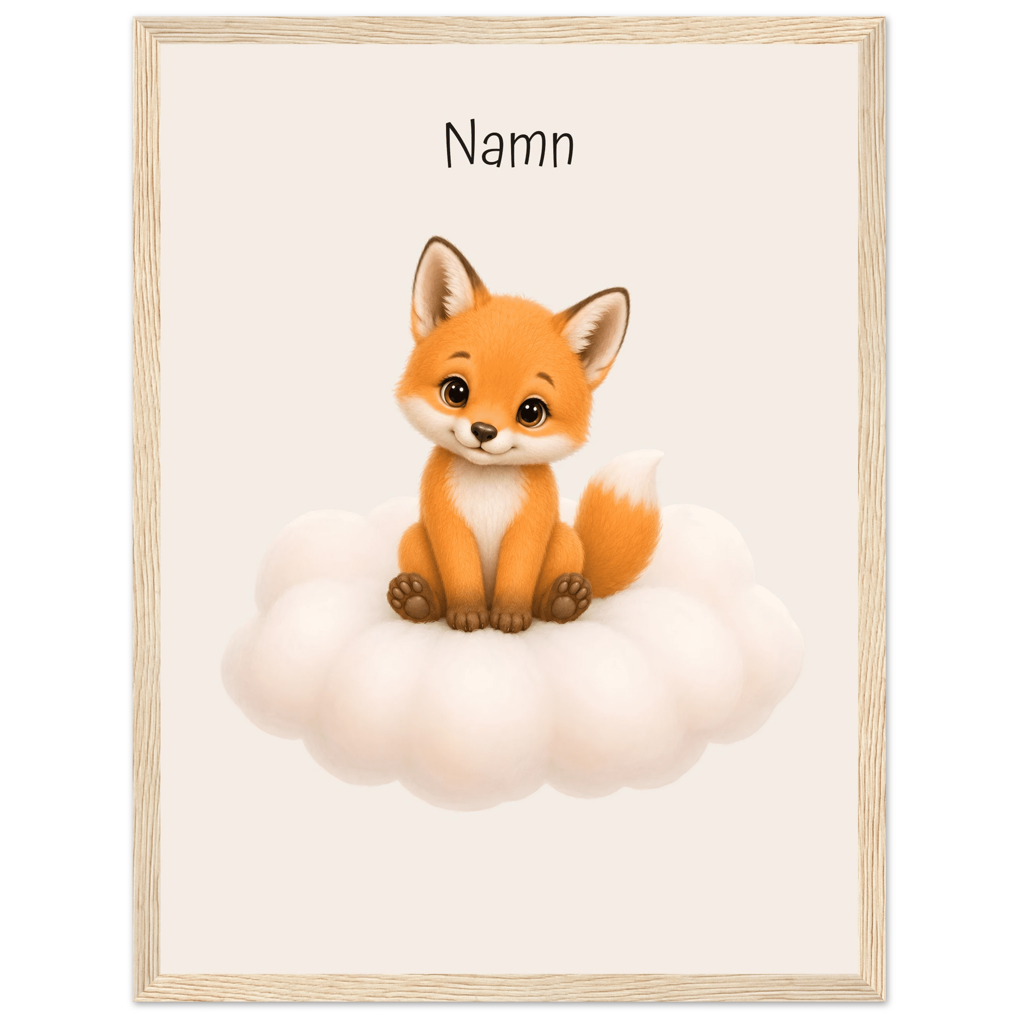 Räv på moln med namn-30x40 cm / 12x16″ / Med ram / Ljust trä