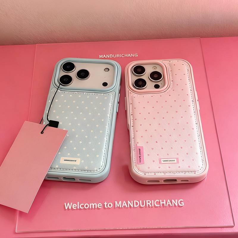 Pink Blue Aesthetic Retro Polka Dot Pattern Phone Case for iPhone 17 Air 13 14 15 16 12 Pro Max Stylish Leather Protective Cover
