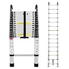 LARS360 4,4 m teleskopstege av aluminium med avtagbara krokar och halkfria fötter, vikbar, takstege, lastkapacitet 150 kg, hopvikt höjd 90,5 cm, silver