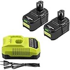 Ibanti 2 x P108 18 V 5,0Ah ersättning för Ryobi-batteri 18 V med 3A 9,6 V -18 V laddare för Ryobi BCL1418H för Ryobi P108 P107 P105 P100 P101 RB18L40 RB18L50 LED-indikatorbatteri (Svart grön)