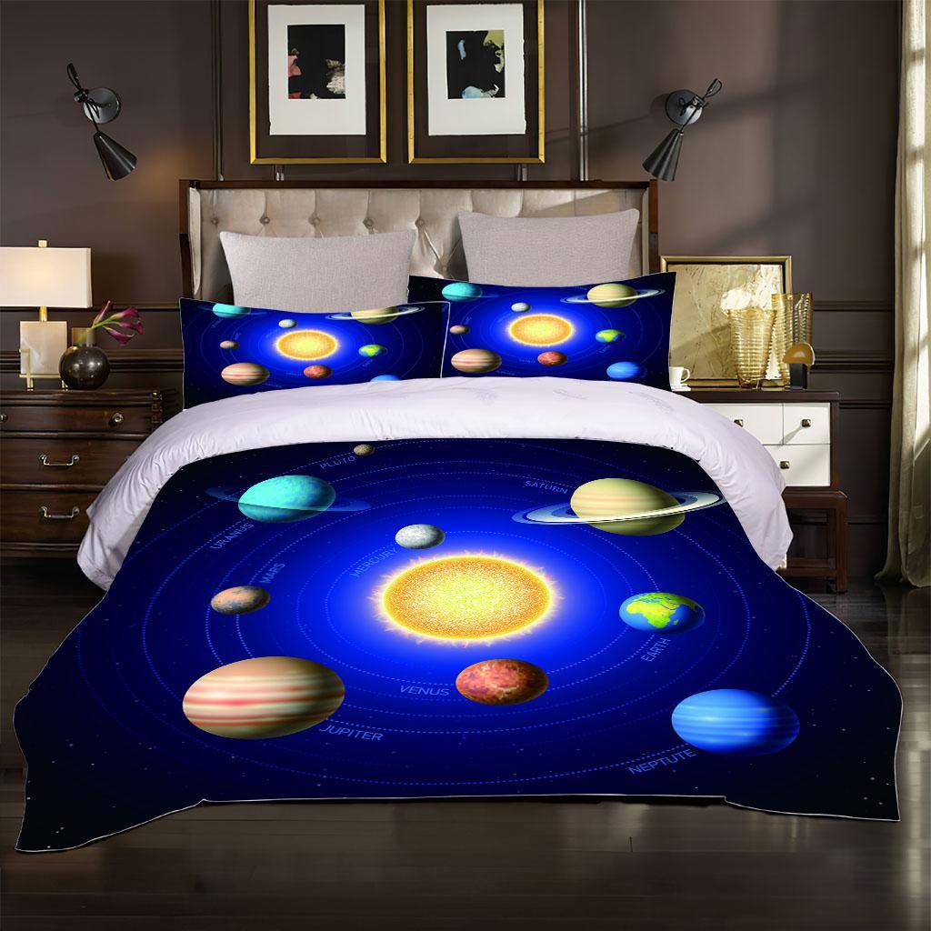 Kosmisk Solsystem Planet 3D Sängkläder Set För Barn Pojkar Flickor Täcke Set 1 Påslakan Och 2 Örngott Mjukt Enkelt Dubbelt W220xL240cm