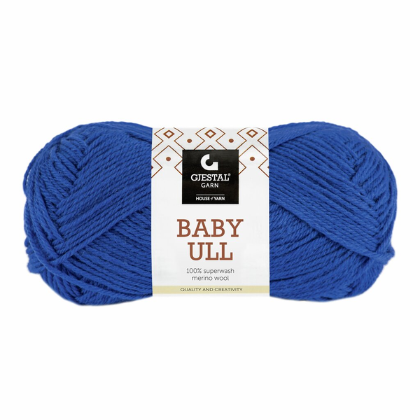 Gjestal Baby Ull 8540 Kongeblå Indhold: 100% superwash merinould Vægt/længde: 50 g = ca. 165 meter Anbefalede pinde: 3.00 mm Strikkefasthed: 10 cm = 28 m Vask: Uldvask 40°C / Brug vaskemiddel til uld/silke / Brug ikke skyllemiddel / Tørres fladt..