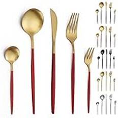 Pleafind Besteck Set, 30 teilig Besteck Set 6 Personen, Besteckset aus Edelstahl, Besteck Gold und Rot Matt, Bestecksets, Essbesteck, Besteck mit Messer, Gabel, Löffel, Spülmaschinenfest