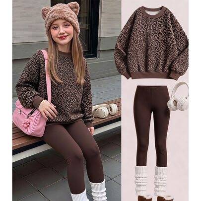 Sweatshirtset för tweenflickor med leopardmönster och rund hals, personligt leopardmönstrat set, personlig sweatshirt, lämplig för höst/vinter, daglig - Multifärgad (8Y,9Y,10Y,11Y,12Y)